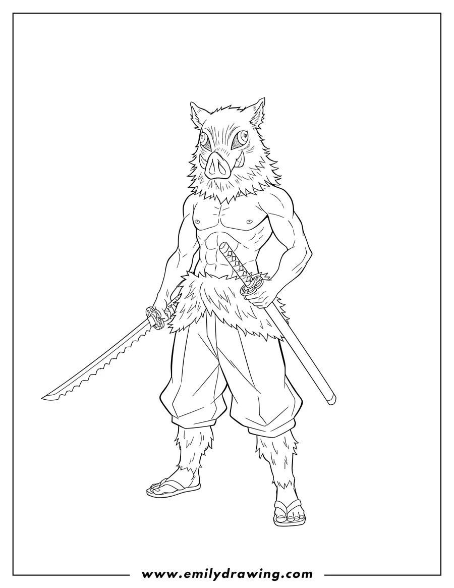 Free to print drawing of inosuke Hashibira wearing his boar mask, bare-chested, and holding two swords