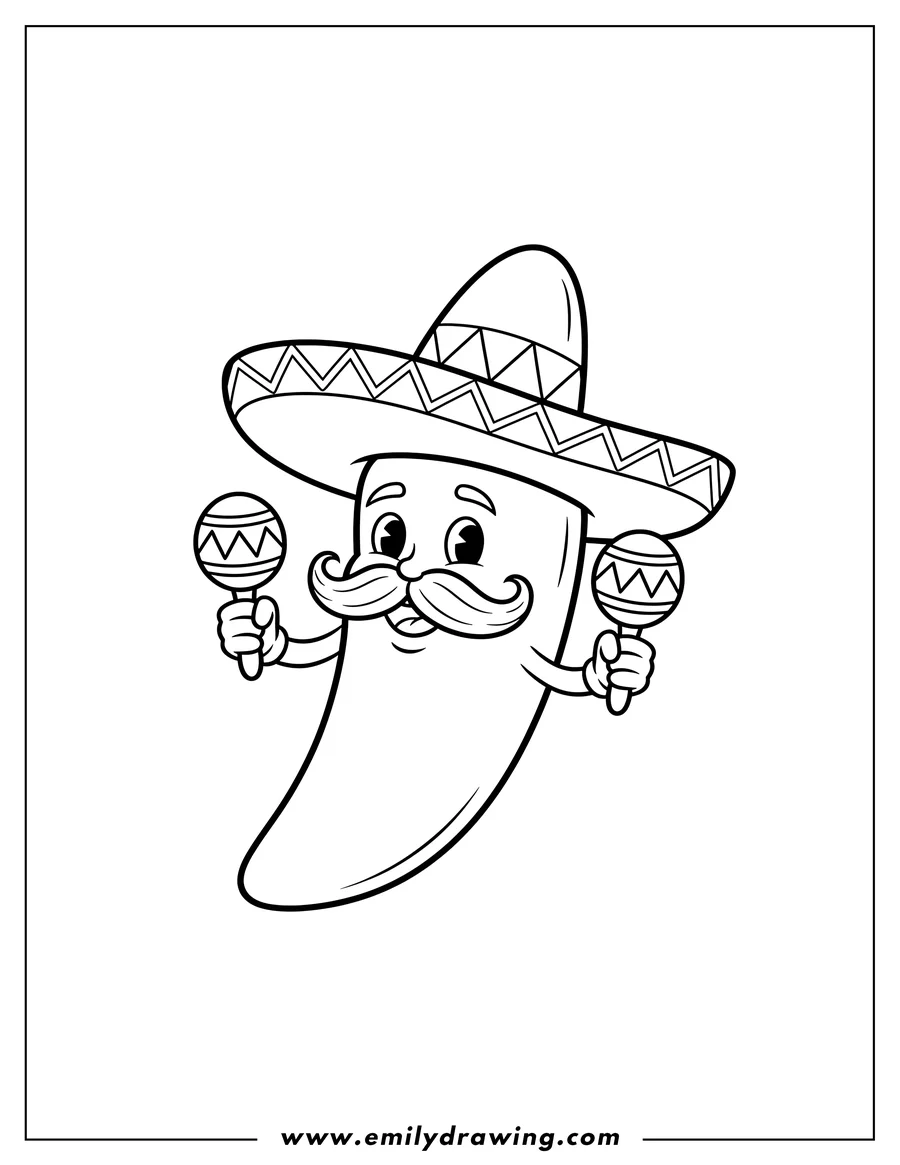 PDF style coloring page: jalapeno with mustache and sombrero, holding maracas