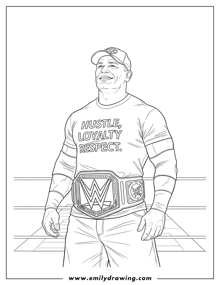Full page coloring image of john Cena Wwe Wrestler, wearing two championship belts, looking up