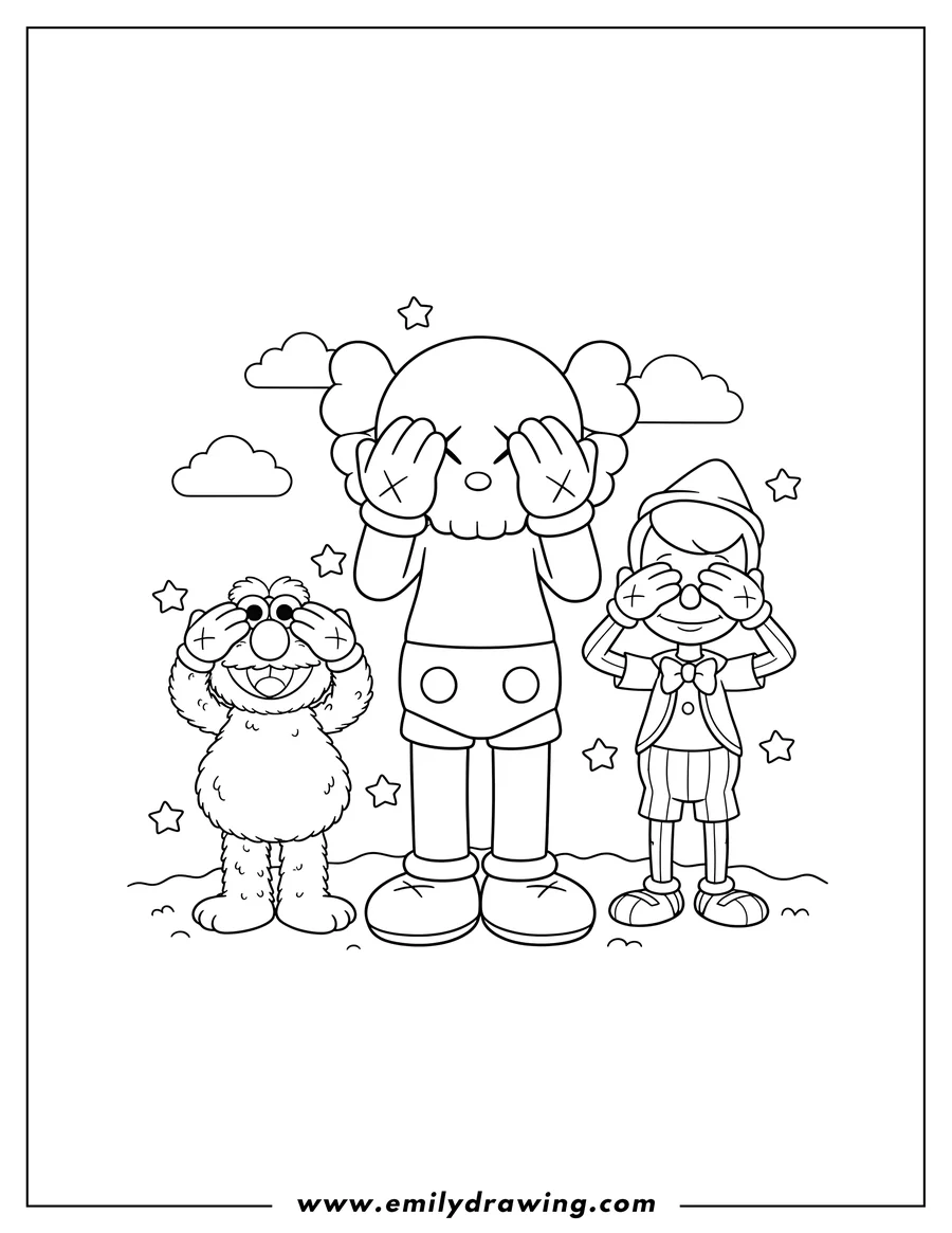 Vector style outline of kaws Astro Boy, Elmo, and Pinocchio covering their eyes