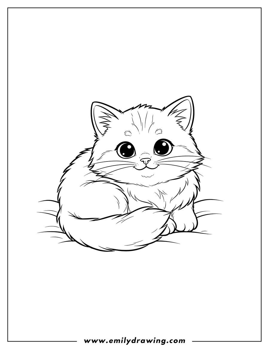Clean line drawing: fluffy Kitten Curled Up, facing forward, with cute eyes and a happy expression