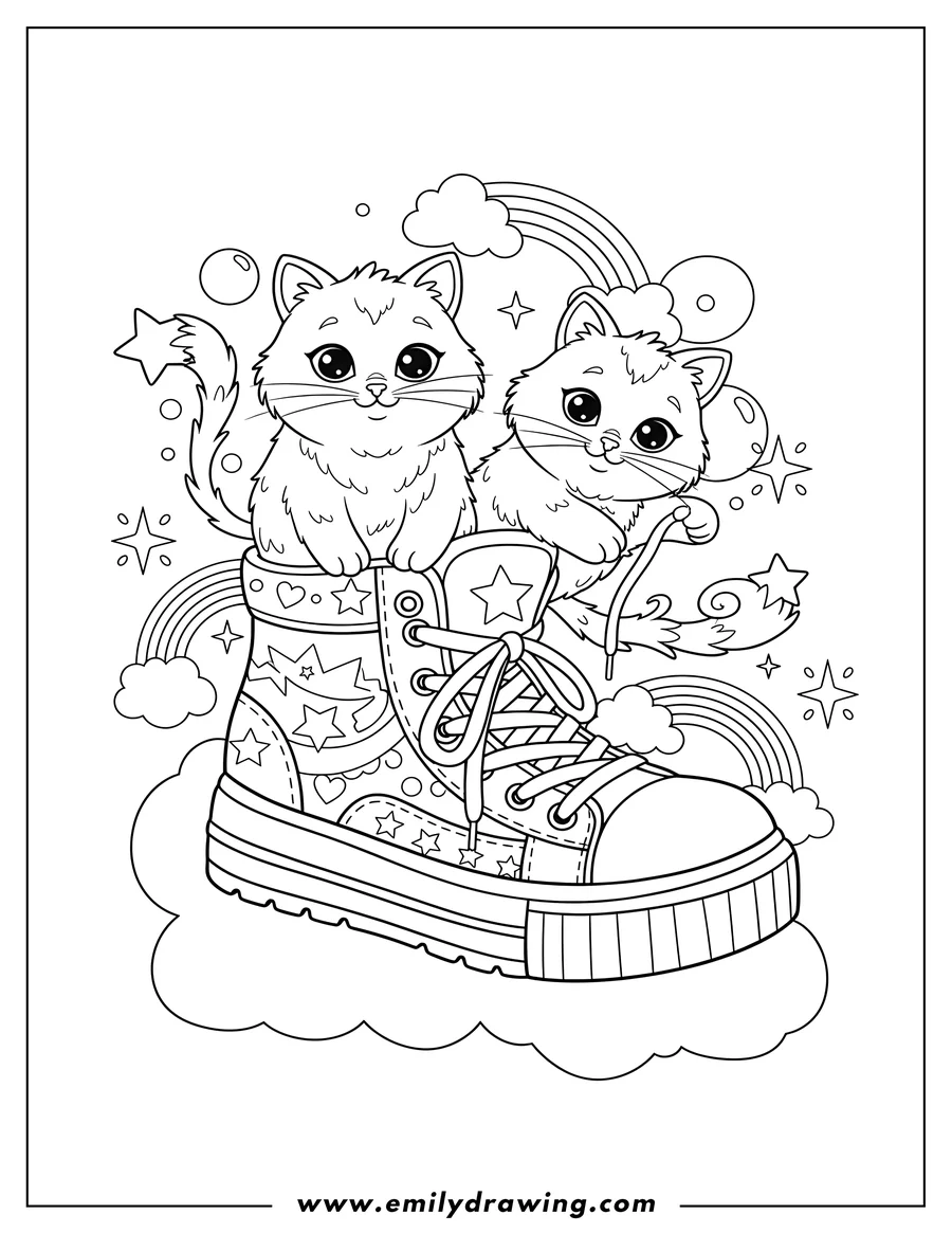 Simple sketch of two Lisa Frank kittens, one inside a high-top sneaker, for Kawaii Preschoolers to color