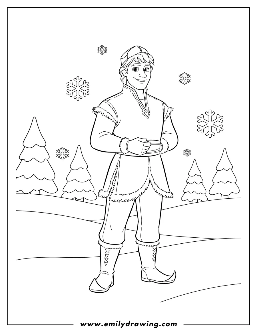 Simple sketch of kristoff standing and smiling in the snow to color