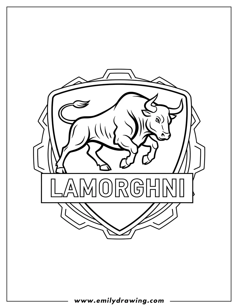 Downloadable coloring page of lamborghini Logo Scaled, with a charging bull in a shield and the word LAMBORGHINI