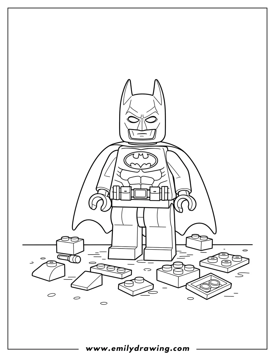 Free printable coloring sheet of lego Batman Superhero standing with scattered Lego bricks
