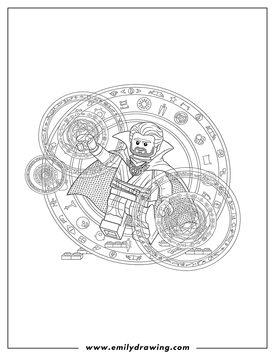 Coloring sheet featuring lego Doctor Strange casting a spell with magic circles