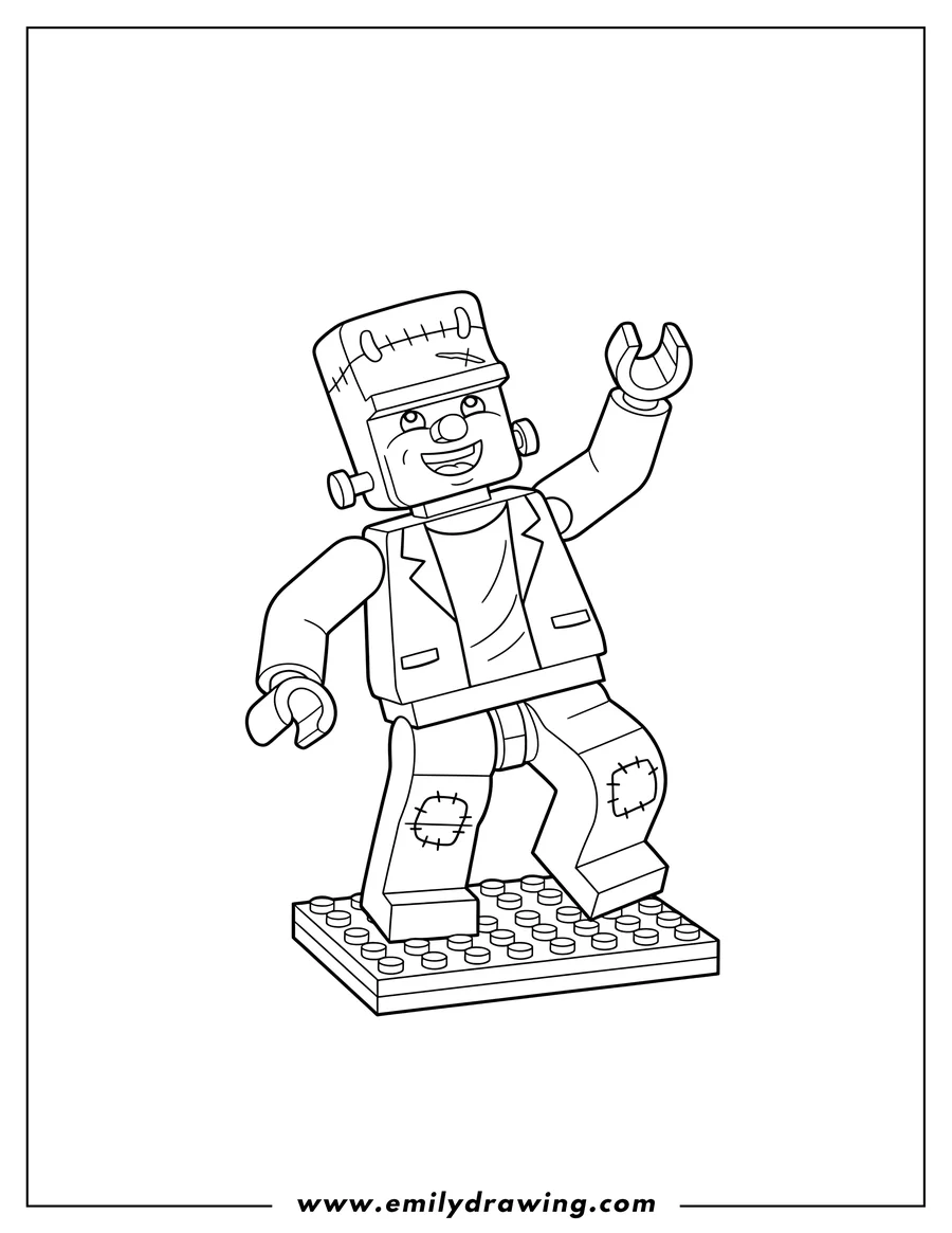 Printable coloring page of lego Frankenstein dancing on a Lego base, smiling with one arm raised