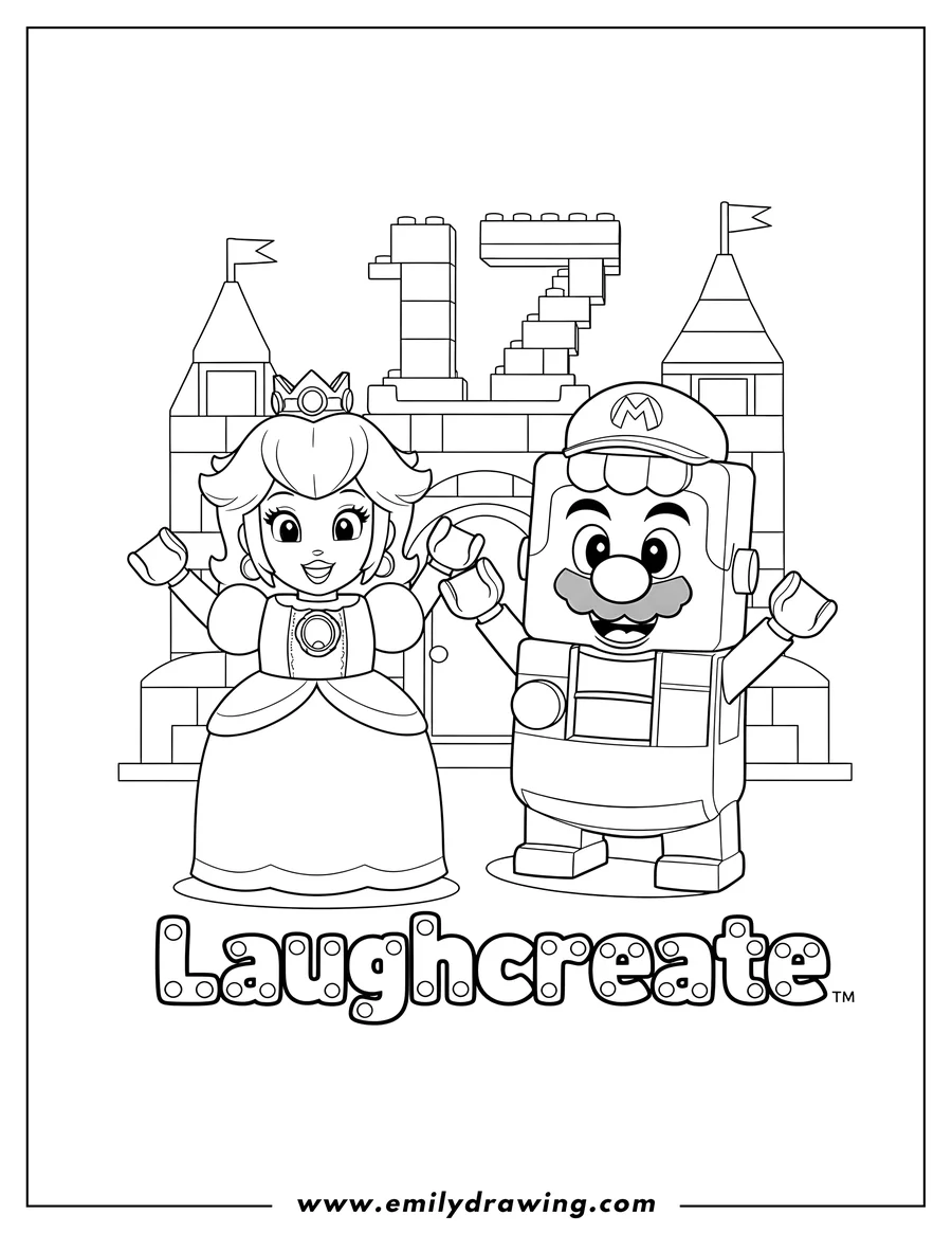 Outline drawing of laughcreate 17 Scaled, featuring Lego Princess Peach and Mario standing together with raised hands