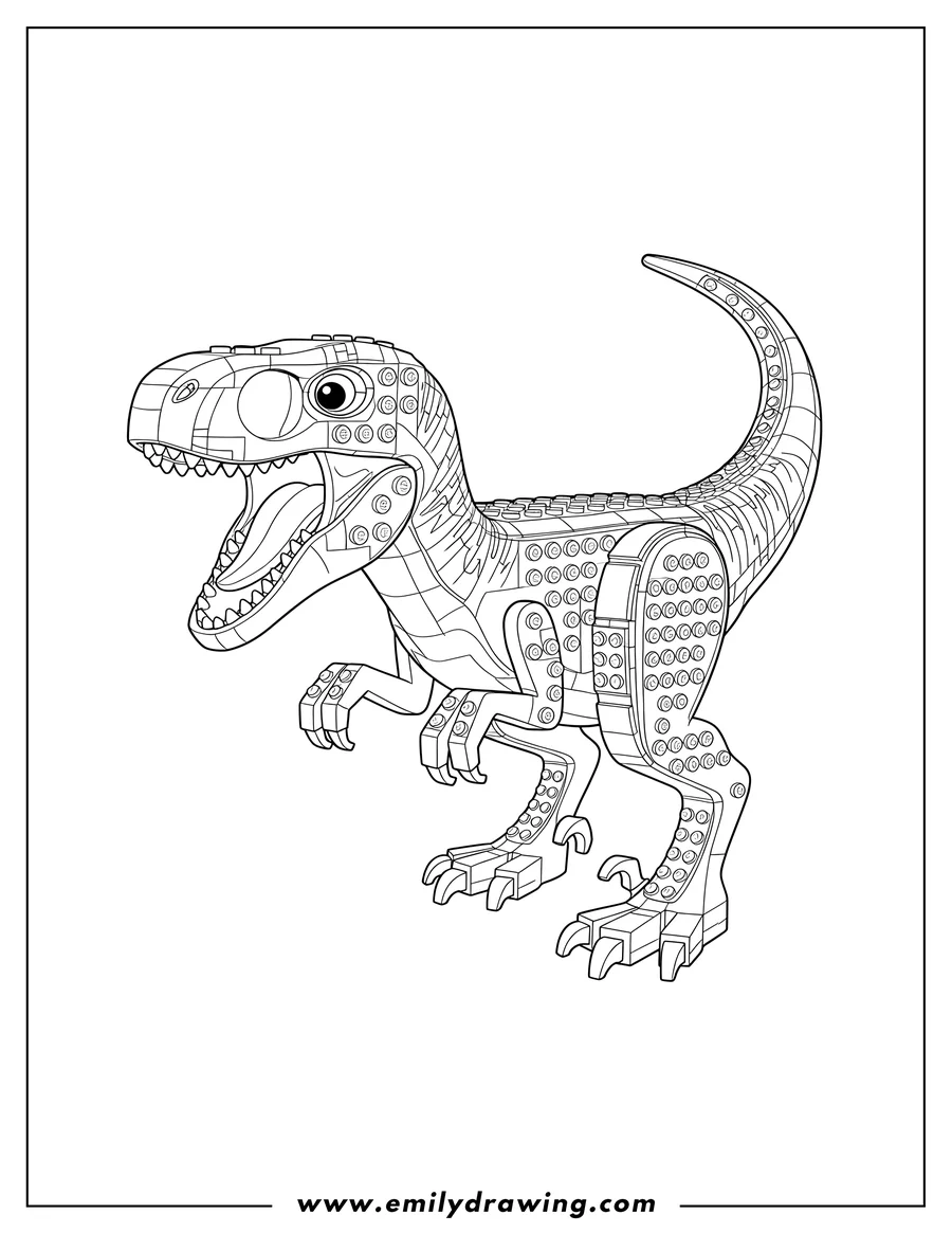 Full page coloring image of lego Velociraptor Scaled roaring with mouth open, with visible Lego studs, in a dynamic pouncing pose