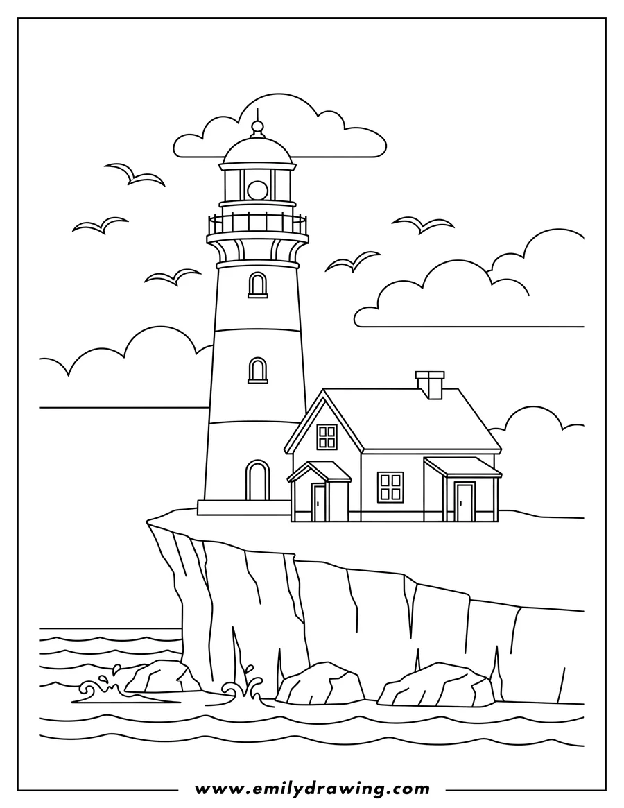 Coloring sheet featuring lighthouse and House on a Cliff with Birds and Clouds
