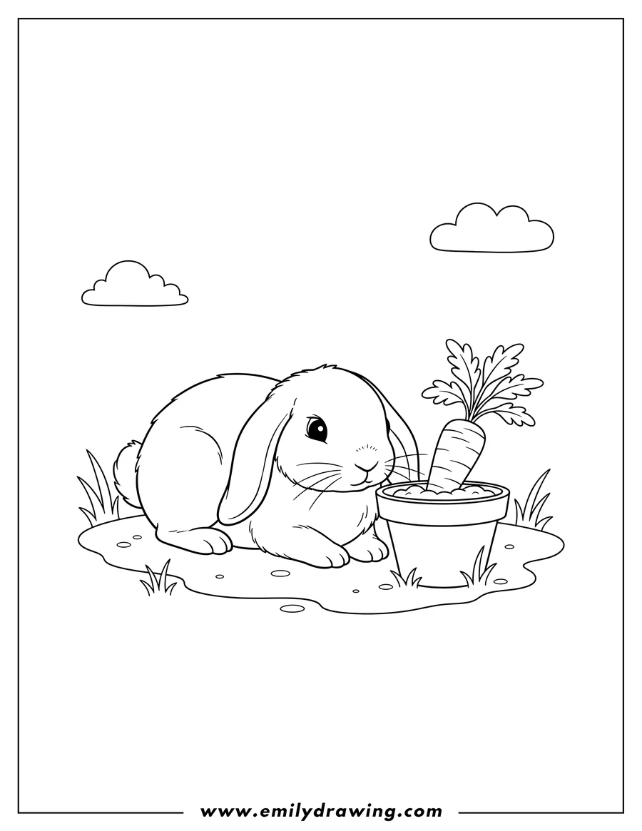 Free printable coloring sheet of lop Eared Rabbit lying down, looking intently at a carrot in a pot