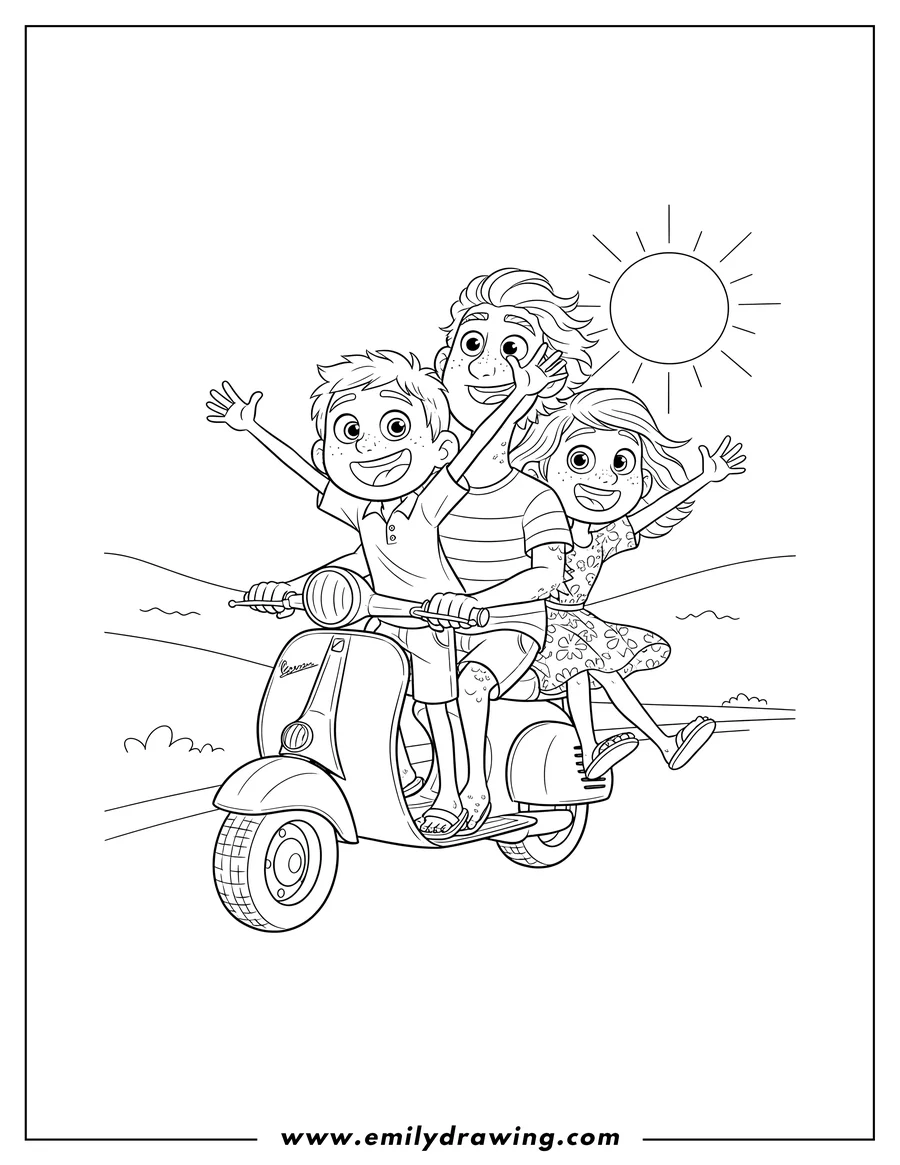 Downloadable coloring page of luca Alberto And Guila excitedly riding a scooter, Luca with arms up