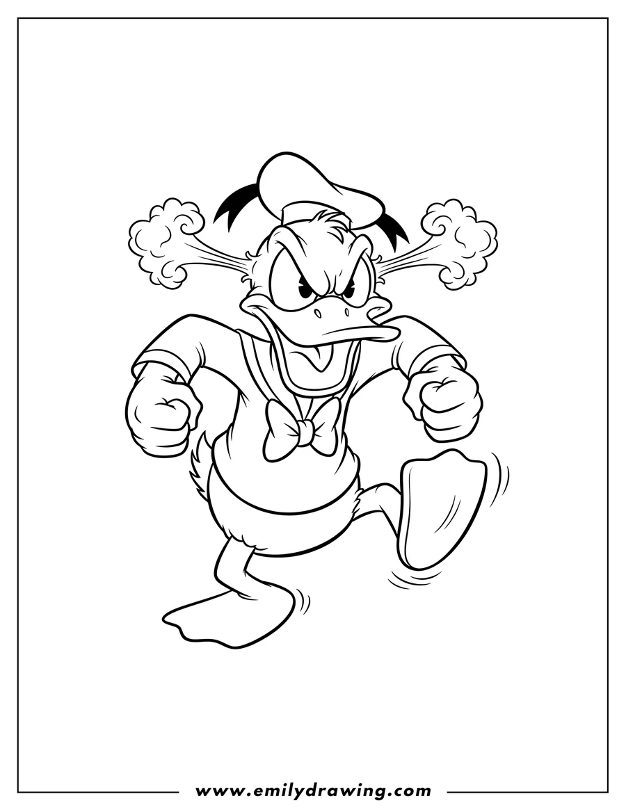 Vector style outline of mad Donald Duck with steam from ears and clenched fists, stomping