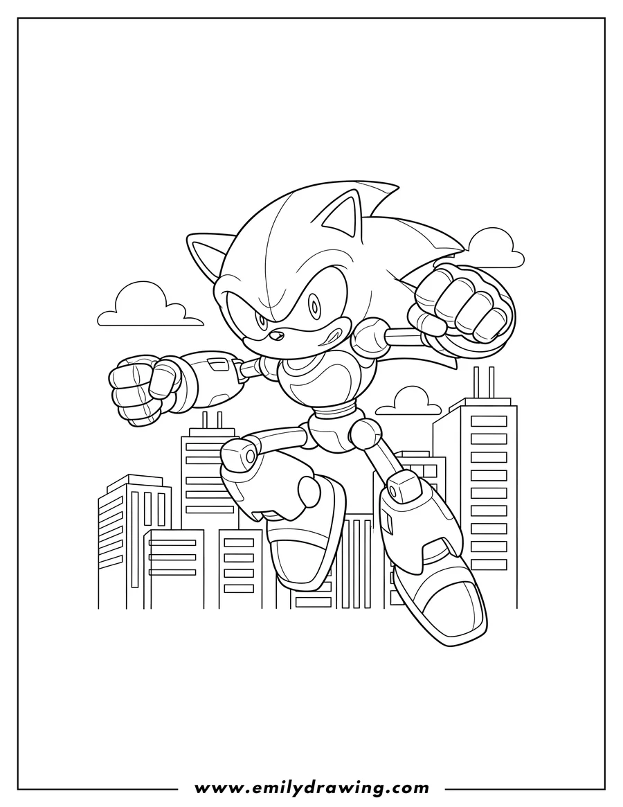 PDF style coloring page: mecha Sonic dynamic pose in a city