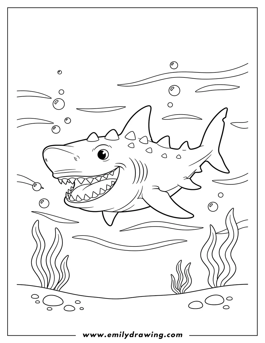 Printable coloring page of A Megalodon With Spikes swimming, with sharp teeth