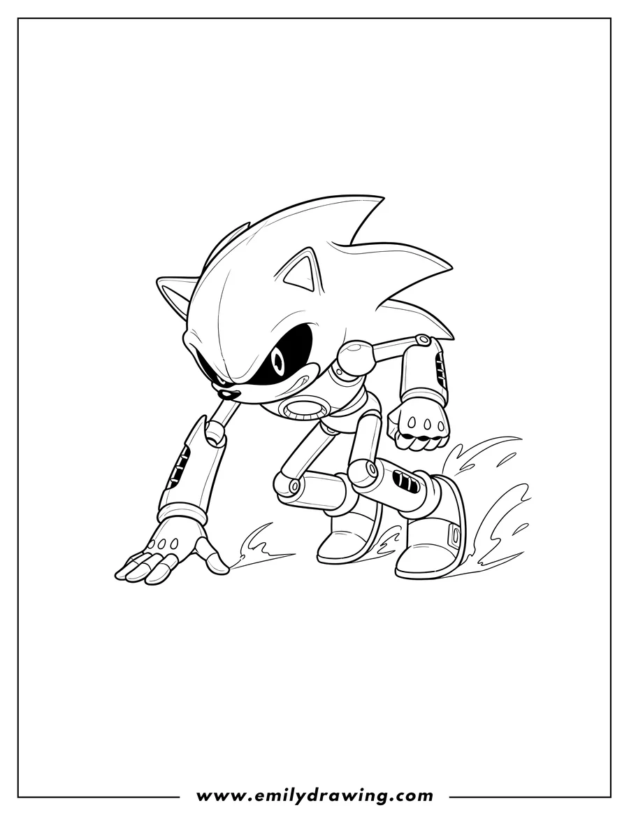 Full page coloring image of metal Sonic in a crouched stance, with one hand on the ground, ready to run