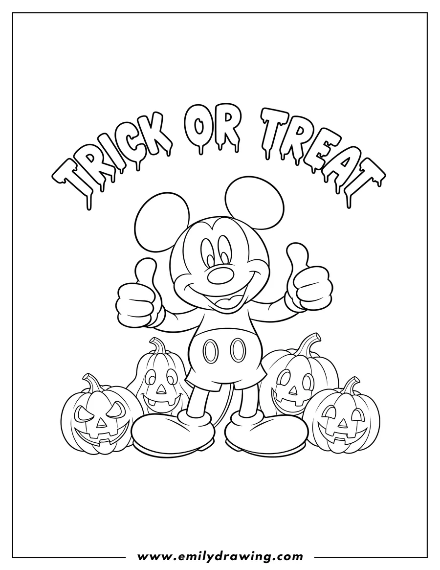 Printable line art of mickey Mouse smiling and giving thumbs up, surrounded by pumpkins at his feet, with arcing and dripping Trick Or Treat words above him