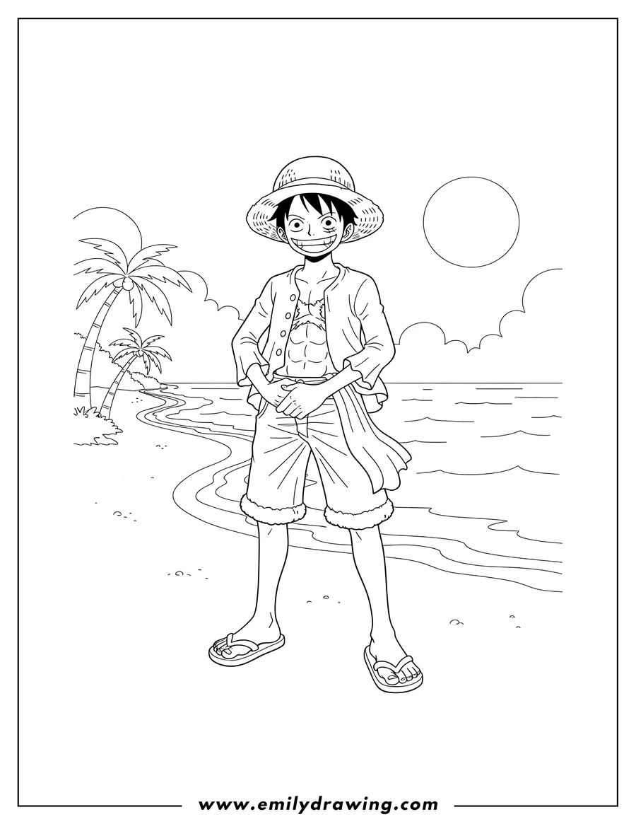 Coloring sheet featuring monkey D. Luffy On Beach, wearing a straw hat, with an open shirt and hands clasped
