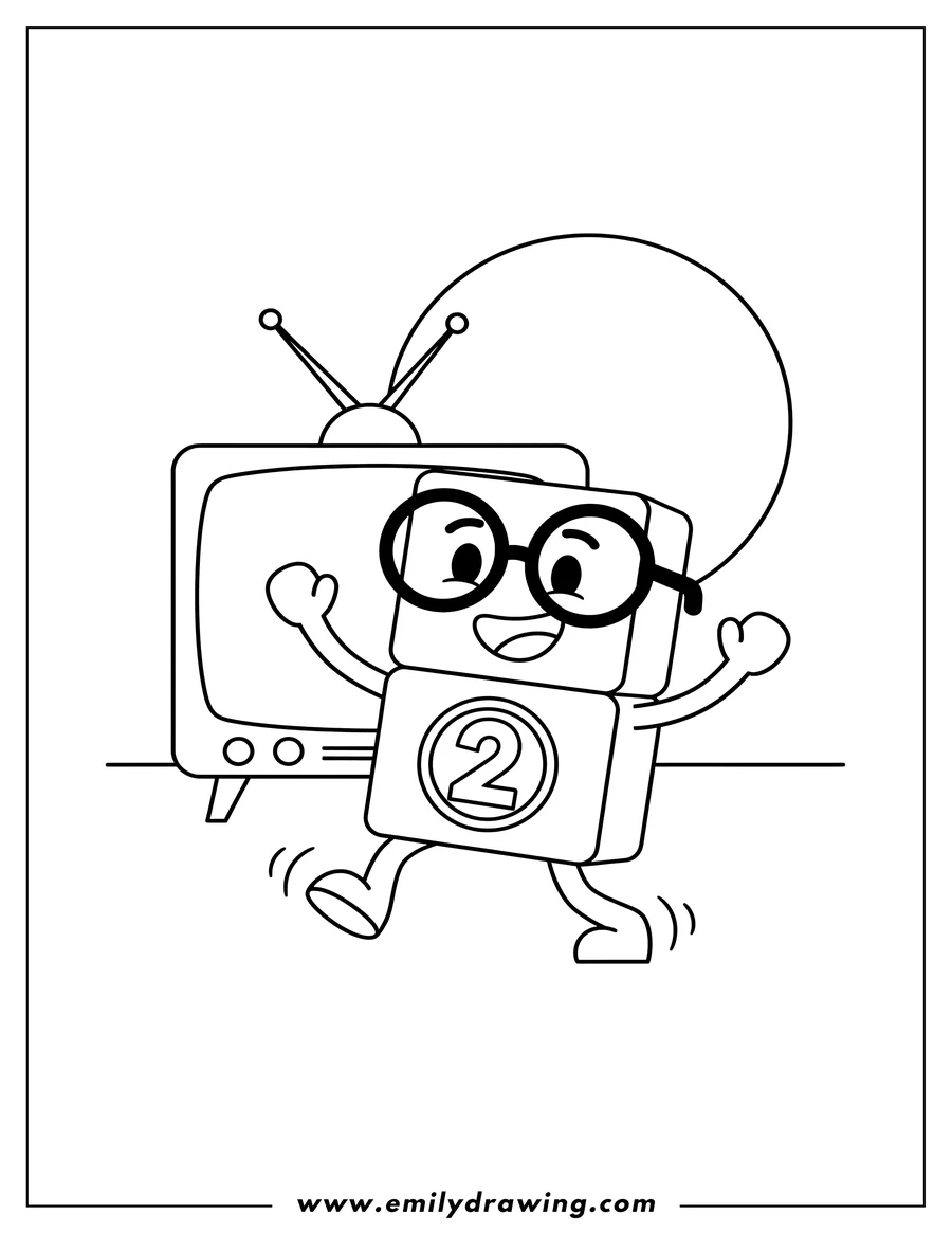 Vector style outline of numberblocks Tv, Numberblock Two dancing with glasses