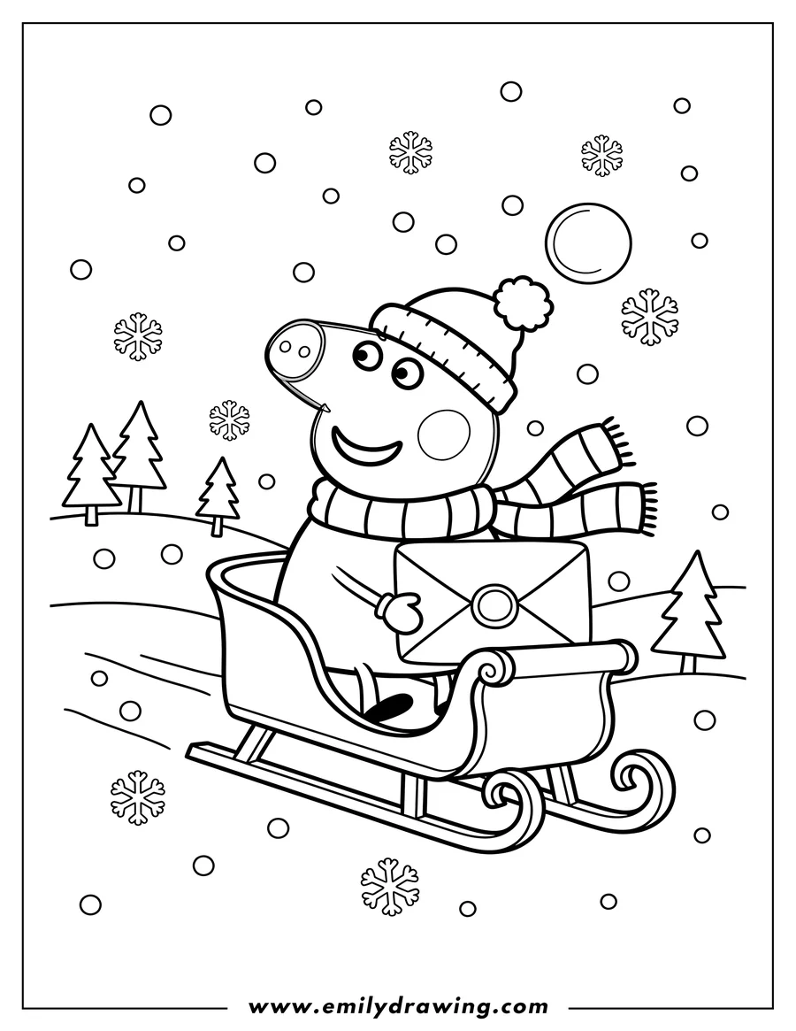 Printable line art of peppa Pig Riding Sleigh wearing a winter hat and scarf, holding a letter, in falling snow, To Color Scaled