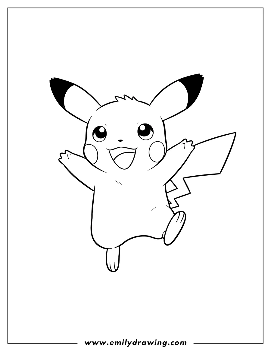 Black and white line art of pichu Leaping Air, smiling with a raised arm, Outline Preschoolers