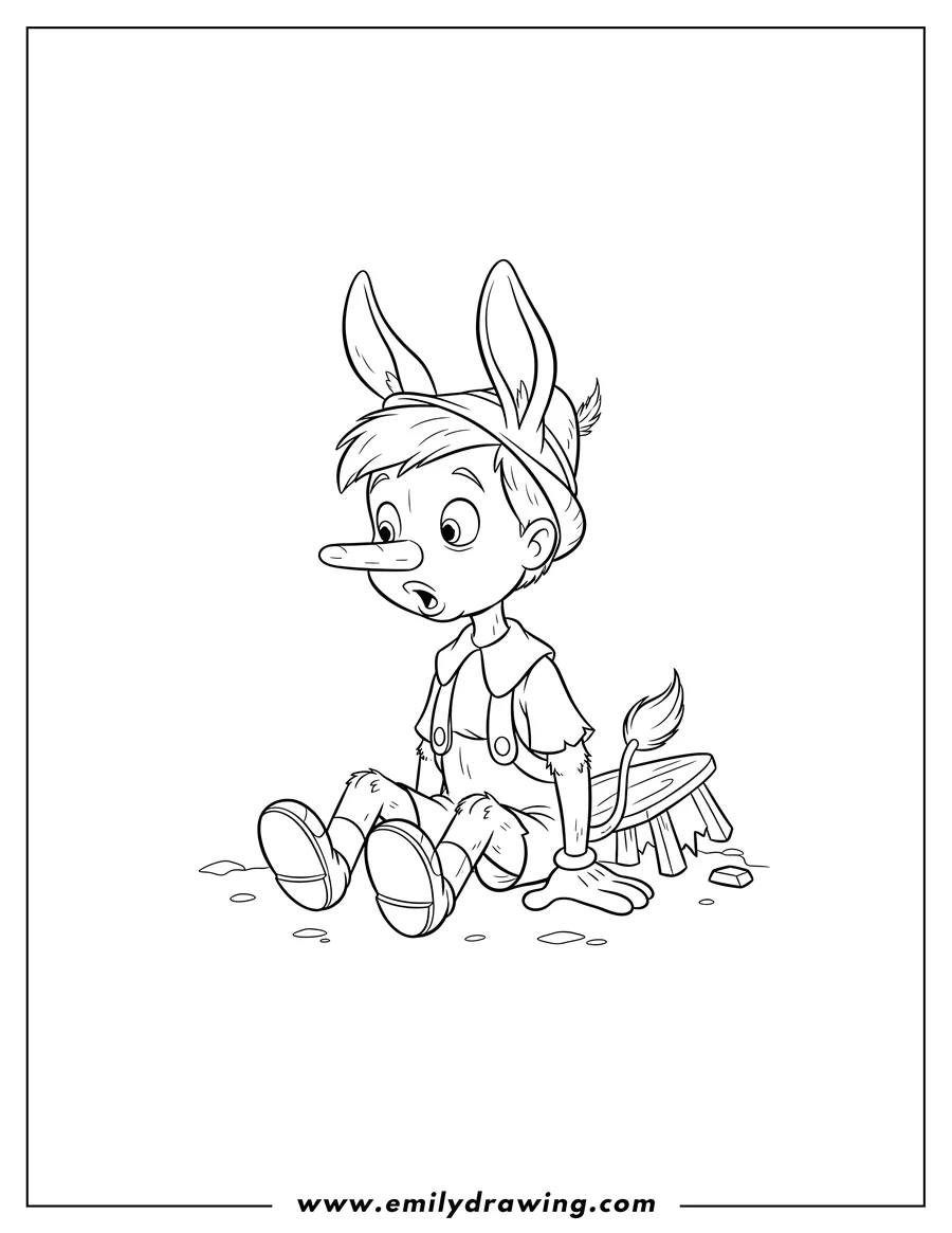 Coloring page of pinocchio Turning Into Donkey, sitting with big ears and a tail, looking surprised