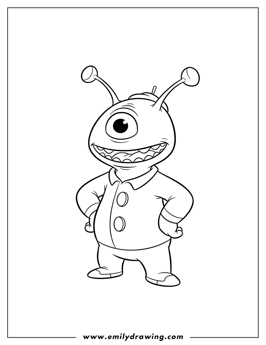 Printable coloring page of pleakley alien character standing with hands on hips, smiling widely