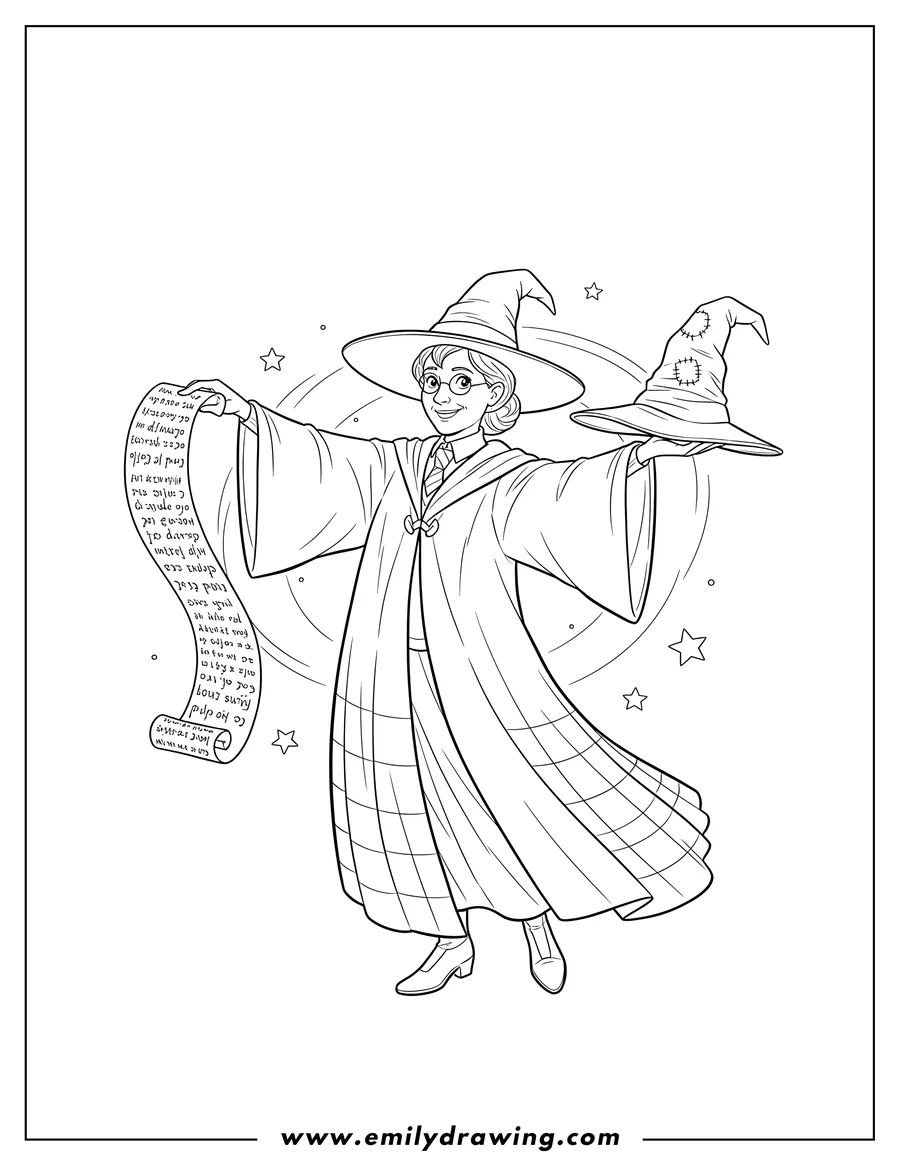 Full page coloring image of professor Mcgonagall with outstretched arms, holding a flowing scroll and the Sorting Hat