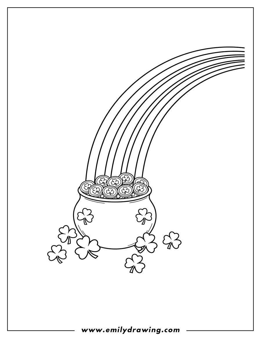 High quality printable rainbow ending at a pot of gold coins with shamrocks to color for coloring