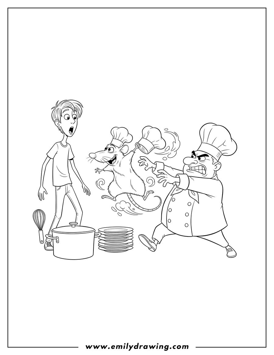 Coloring page of ratatouille (Remy) leaping away from Skinner while holding a chef's hat, with Linguini looking surprised