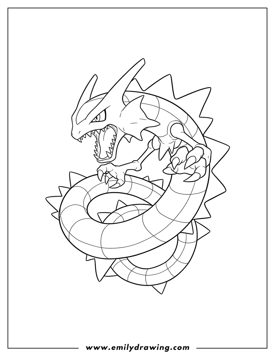 Black and white line art of rayquaza with an open mouth and extended claw, in a dynamic pose