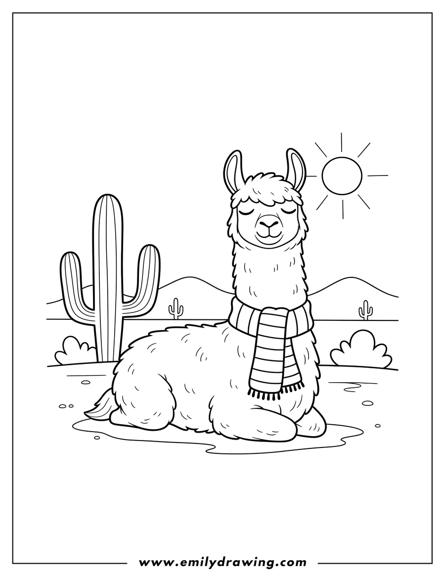 Free to print drawing of relaxing Llama lying down with closed eyes and a striped scarf, in a desert with a cactus