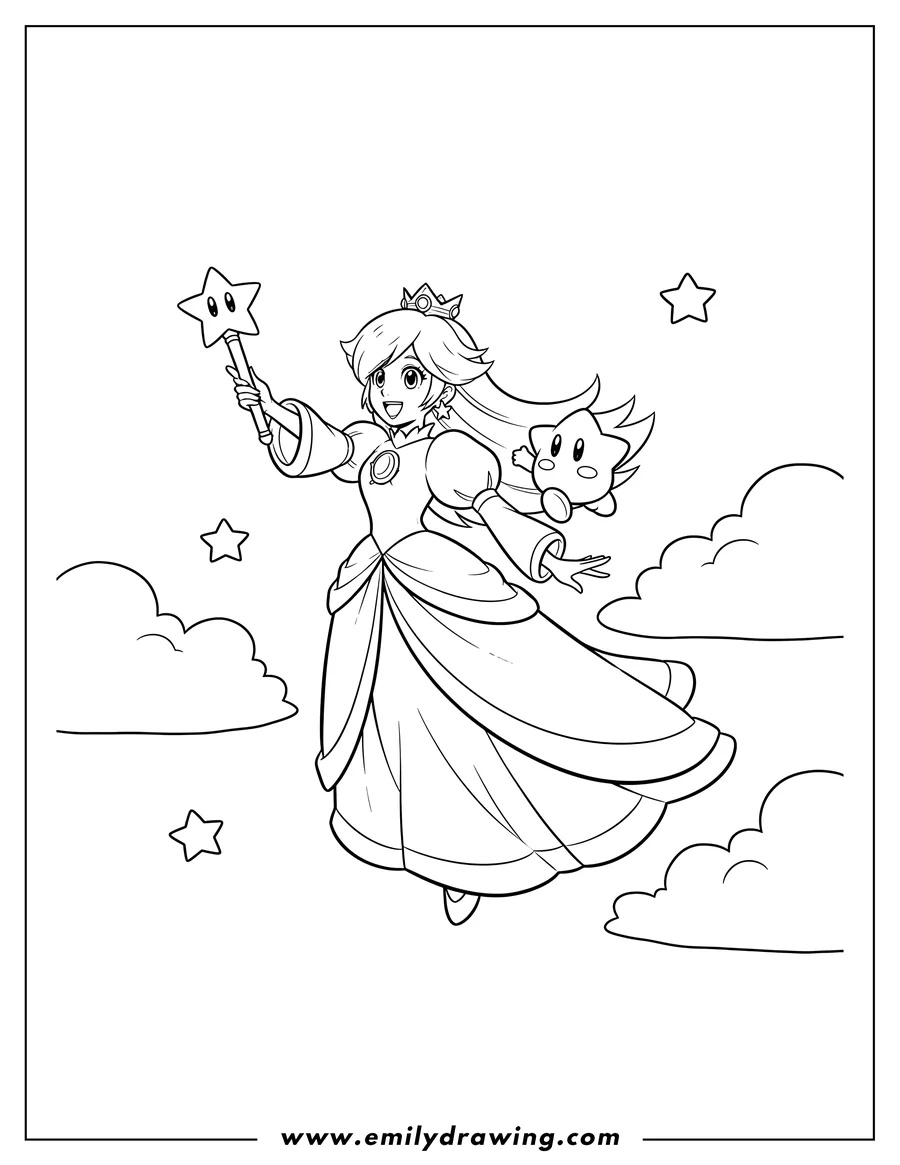 Free to print drawing of rosalina flying in the sky with Luma, holding a star wand