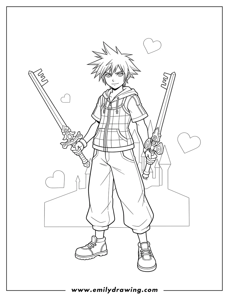 Coloring page for kids: easy Kingdom Hearts Roxas standing with Keyblade
