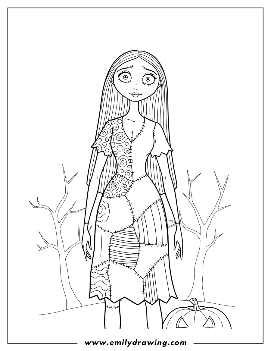 Full page coloring image of halloween Sally standing in her patched dress
