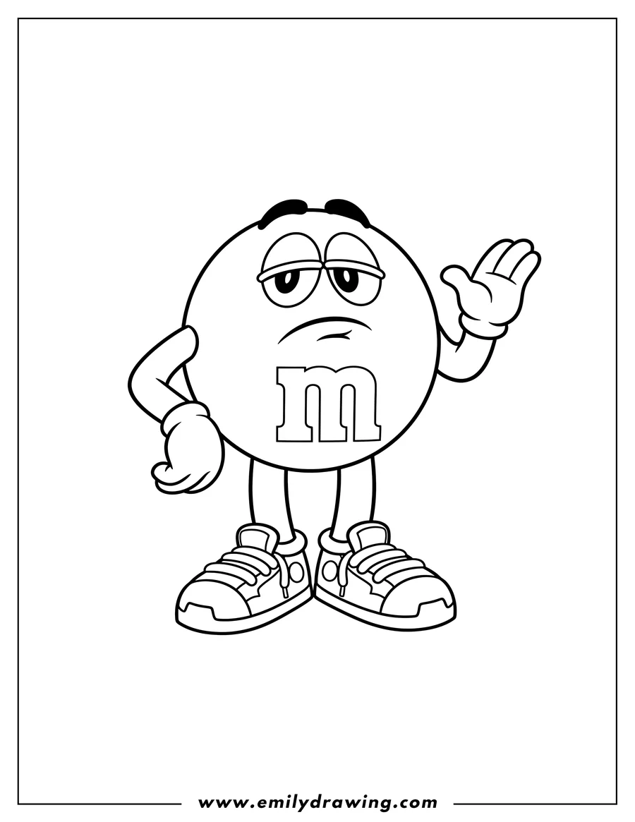 PDF style coloring page: shy Yellow M&M waving and wearing sneakers