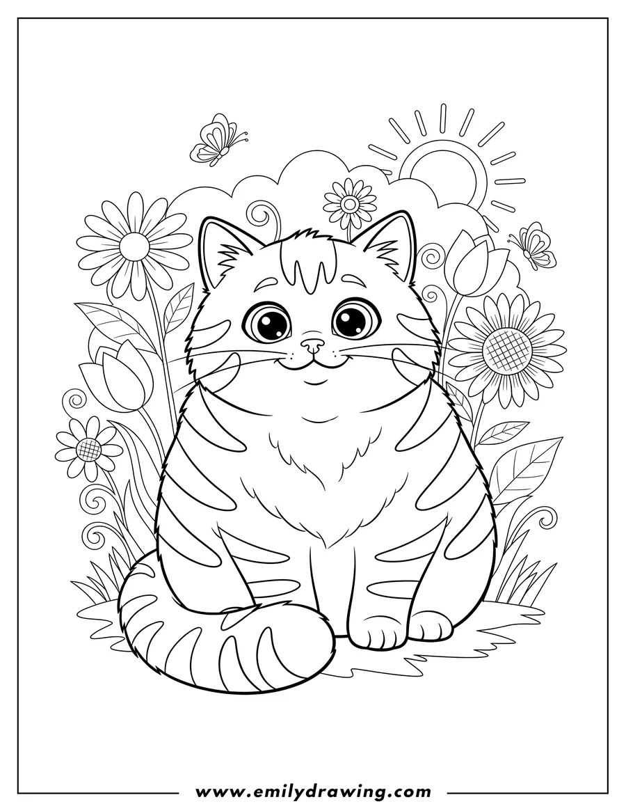 Vector style outline of silly, fluffy kitten with big eyes and stripes, sitting in a flower garden