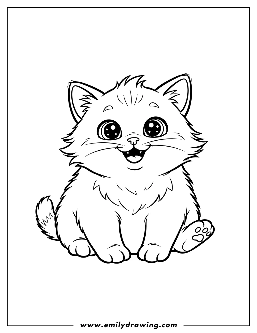 Free printable coloring sheet of smiling Kitten With Messy Fur Preschoolers, sitting, with big sparkly eyes