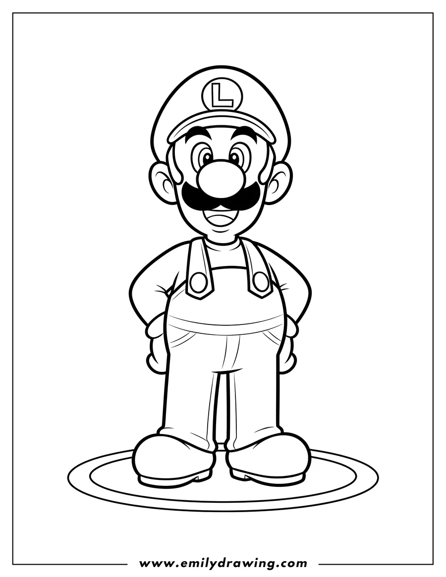 Simple sketch of smiling Luigi Scaled, standing in his iconic overalls and cap to color