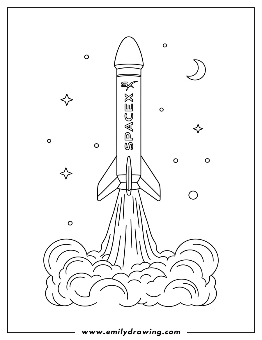 Printable line art of spacex Falcon Rocket Booster Scaled launching with exhaust plumes
