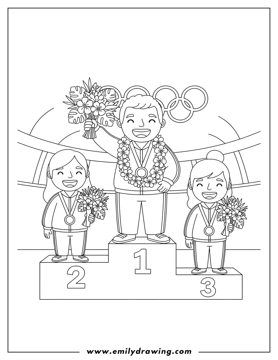 Doodle style coloring picture of three smiling Olympic athletes on a tri-level podium, holding flower bouquets and with one wearing a flower garland