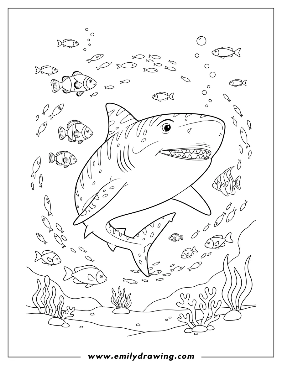 Linear illustration of tiger Shark Deep Ocean swimming with schools of fish