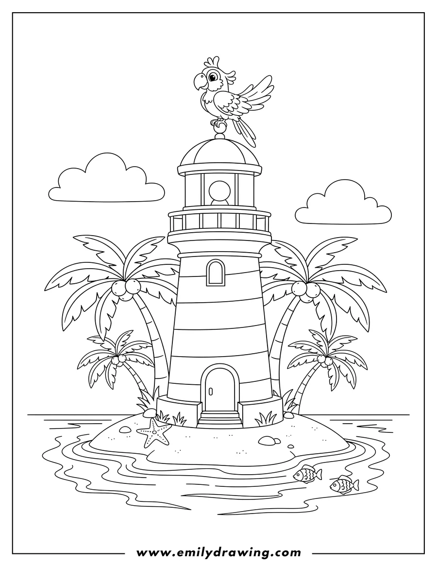 Free to print drawing of tropical Lighthouse on an island with palm trees and a parrot perched on its top