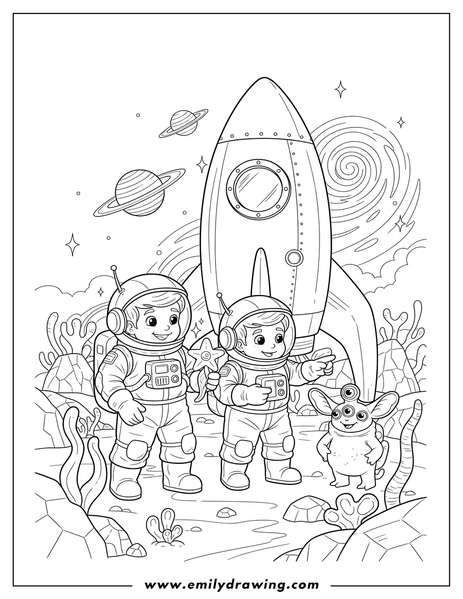 Black and white line art of two astronauts exploring an alien planet with a large rocket