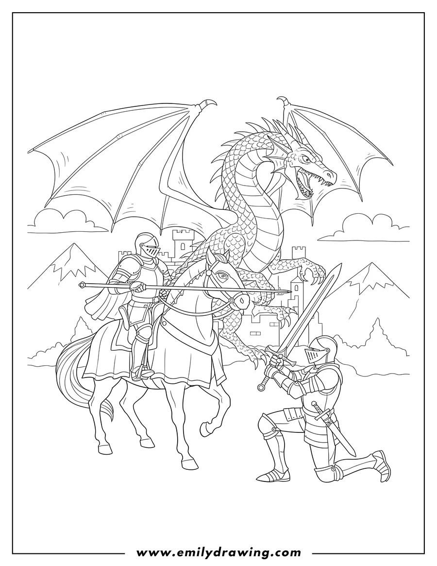 Doodle style coloring picture of two fighters, one on horseback and one kneeling, battling a large dragon