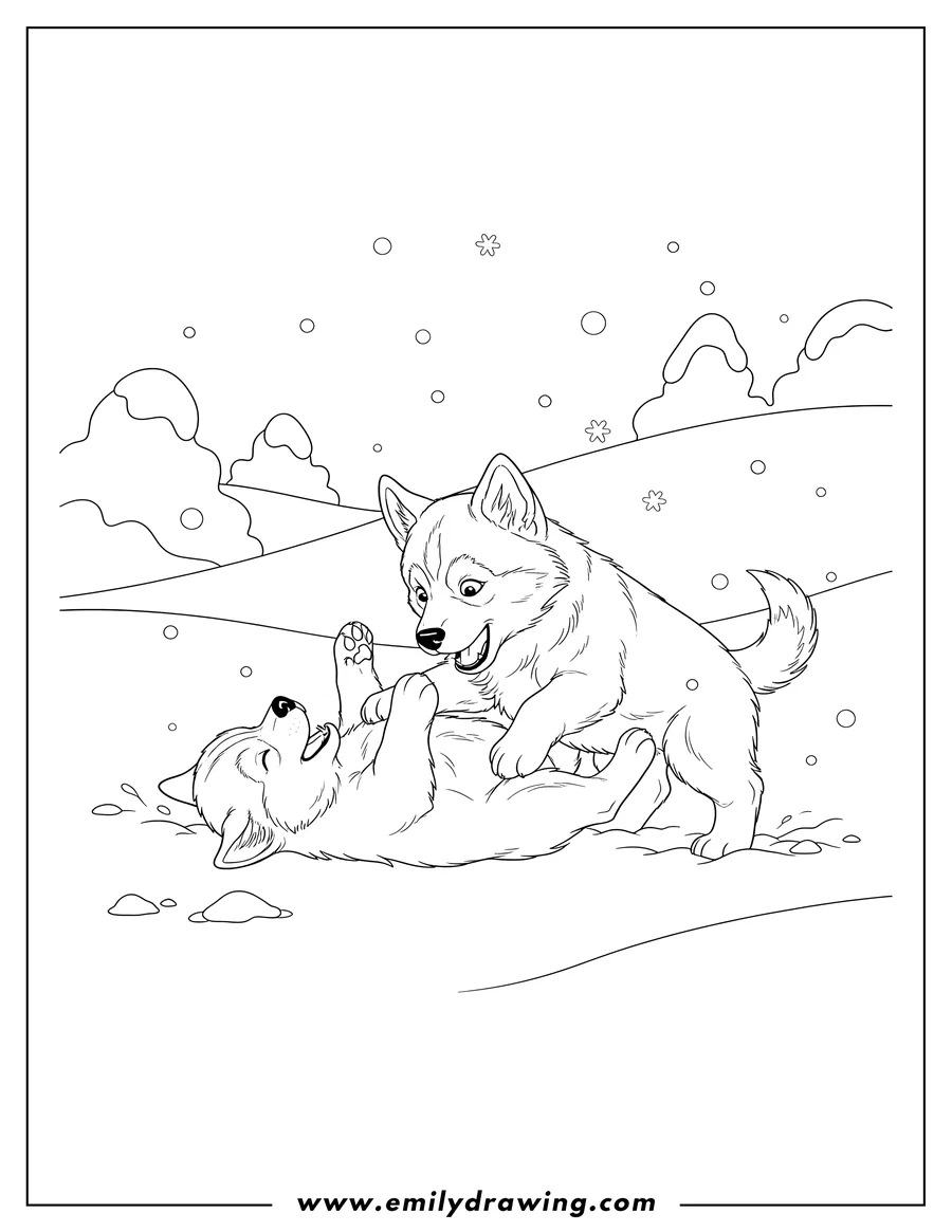 Black and white line art of two husky puppies playfully wrestling in the snow