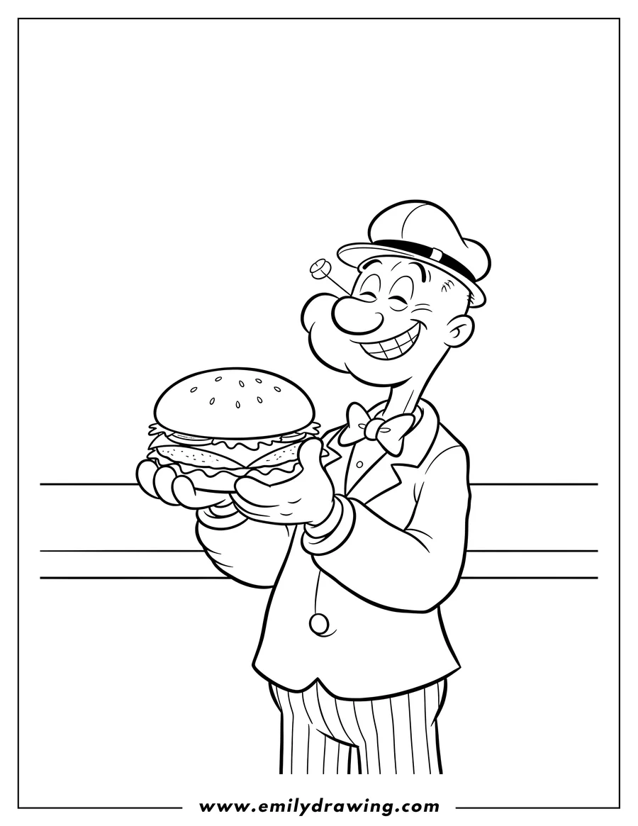 Outline drawing of J. Wellington Wimpy smiling and presenting a cheeseburger