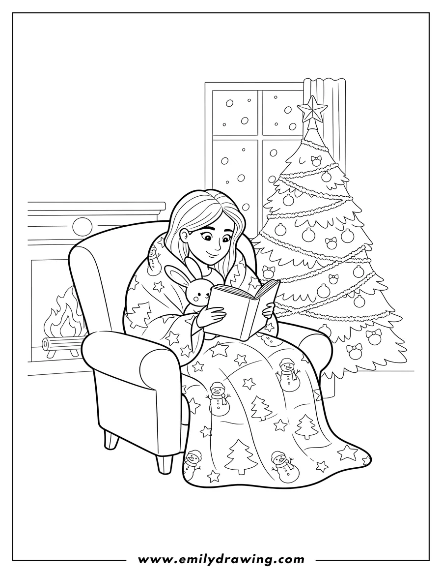 Free to print drawing of cartoon Woman Wrapped Quilt Front Christmas Tree, Reading Book with Rabbit