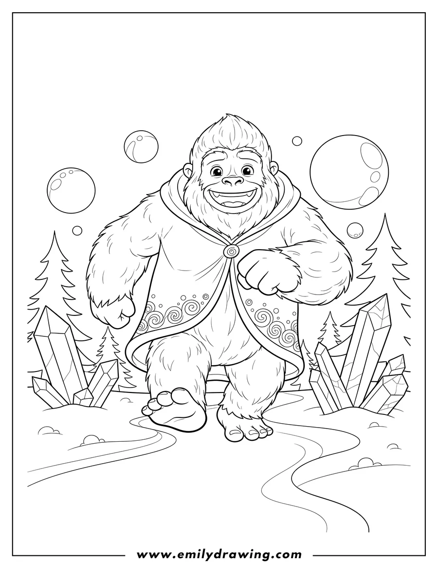Printable line art of yeti Exploring Forest With Crystals, smiling and striding