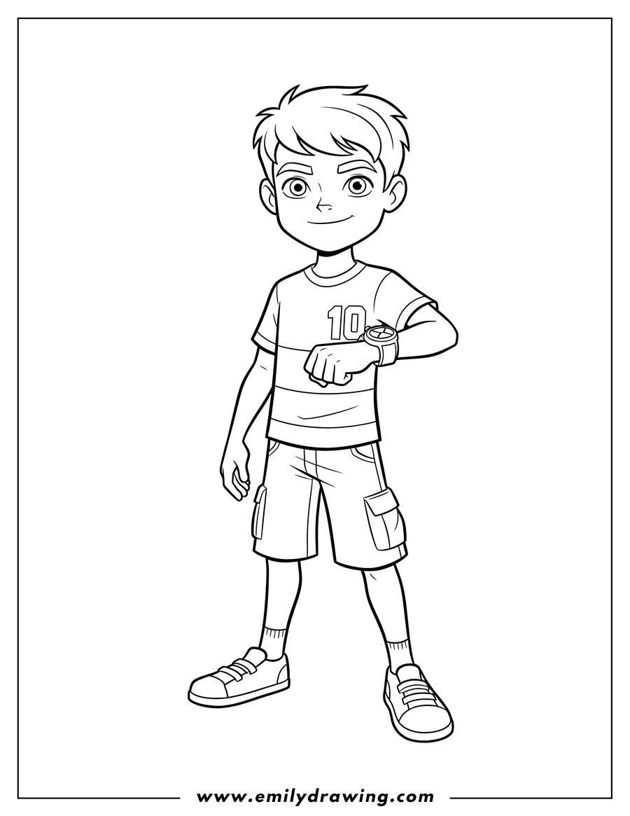 Coloring page of young Ben Tennyson standing, smiling, and holding the Omnitrix